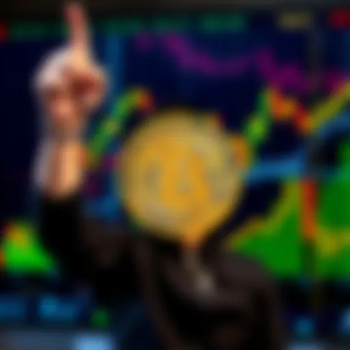 A person joyfully holding a Bitcoin symbol with a background of financial charts showing market growth