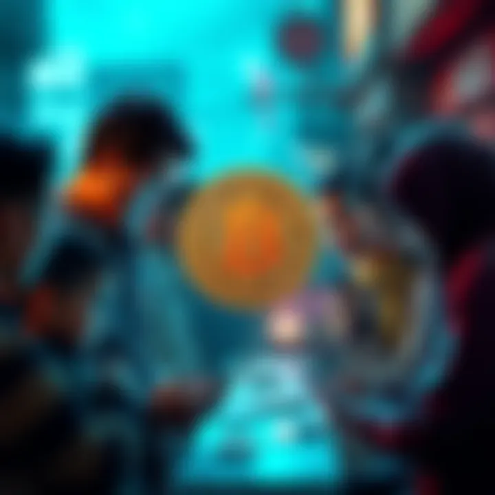 A visual representation of Bitcoin usage in regions struggling with currency issues, showing diverse people engaging with technology and digital wallets.