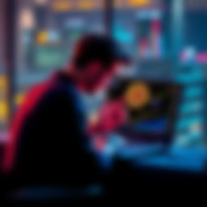 A person reflecting on Bitcoin's growth while looking at a laptop displaying cryptocurrency charts