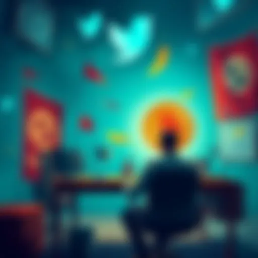 A person sitting at a desk with a phone in hand, tweeting about Bitcoin while surrounded by symbols of a totalitarian regime, representing the clash of freedom and oppression.