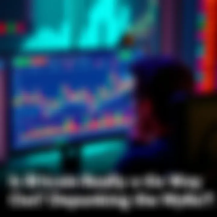 A computer screen displaying Bitcoin price charts and trends with a worried person observing it.