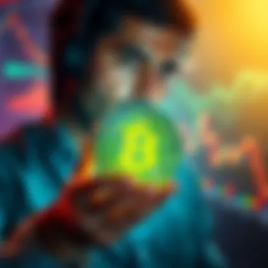 A person holding a Bitcoin symbol with a thoughtful expression, surrounded by financial charts and graphs, indicating the complexities of investing in cryptocurrency.