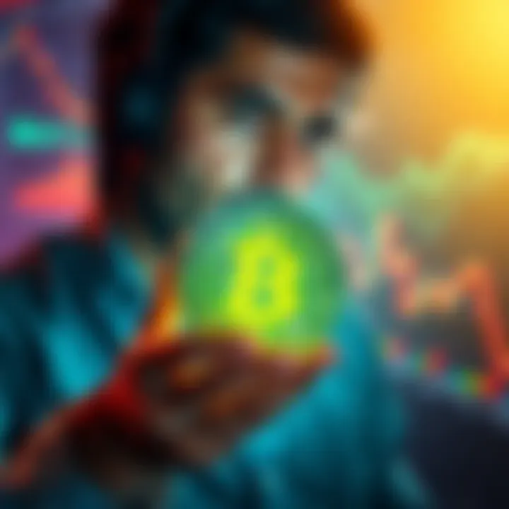 Bitcoin and Wealth A person holding a Bitcoin symbol with a thoughtful expression, surrounded by financial charts and graphs, indicating the complexities of investing in cryptocurrency.