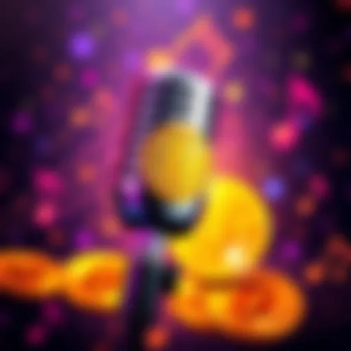 A vibrant cover art featuring a microphone and Bitcoin symbols with musical notes in the background