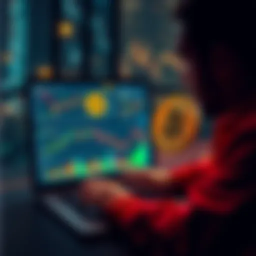 A person analyzing charts and graphs related to Bitcoin on a laptop, symbolizing the debate around cryptocurrency.