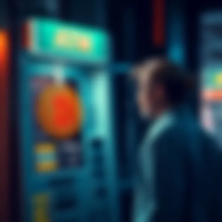 A Bitcoin ATM displaying a price tag with a premium, showing a confused person looking at it.