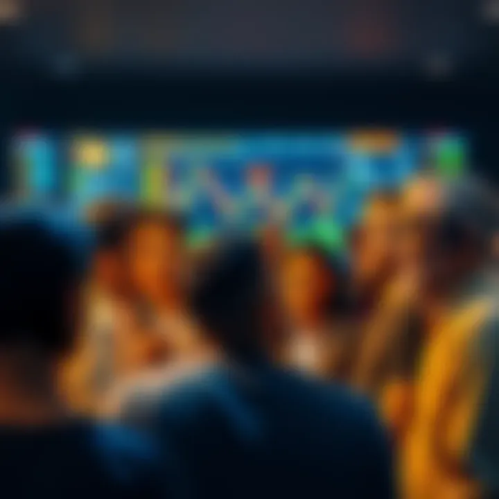 Bitcoin Awakening A diverse group of people looking at a digital screen showing Bitcoin prices and charts, expressing surprise and realization.
