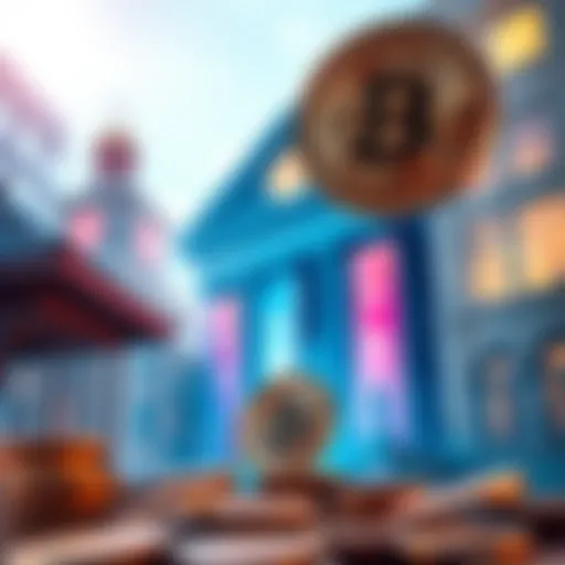 A visual of Bitcoin coins and traditional bank buildings showing the connection between cryptocurrency and banks.
