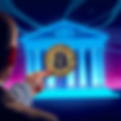 A person holding a Bitcoin symbol while looking at a bank building, symbolizing the selling and transferring of Bitcoin funds to a bank account