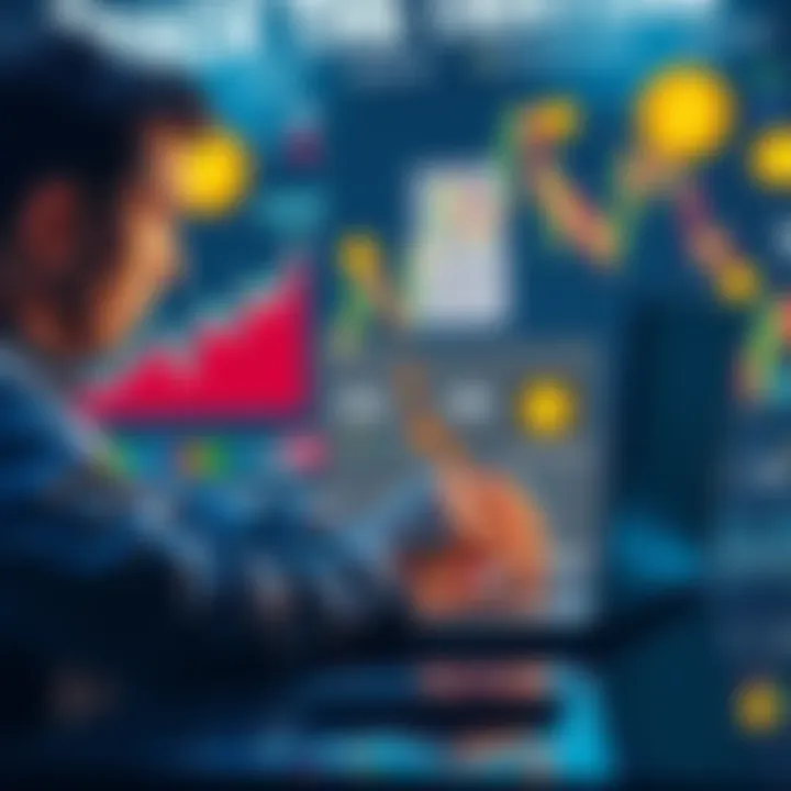 A person studying Bitcoin concepts on a laptop with charts and wallet icons in the background.