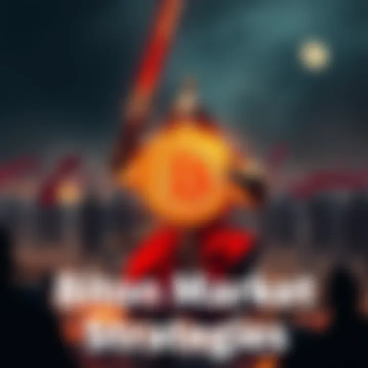 A digital warrior holding a Bitcoin symbol while strategizing on a battlefield, illustrating Sun Tzu's principles in investing.