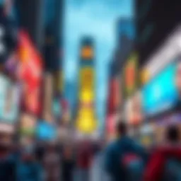 A large Bitcoin advertisement dominates Times Square, drawing attention from a crowd of people and bright lights.