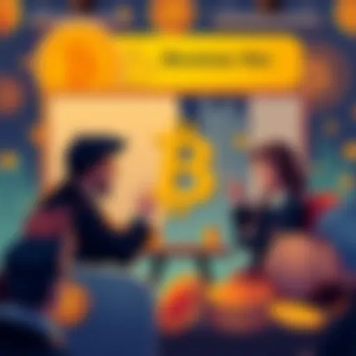Illustration of a divided community discussing Bitcoin scaling solutions, featuring themed icons like Bitcoin symbols and blockchains, with contrasting opinions presenting on a board.