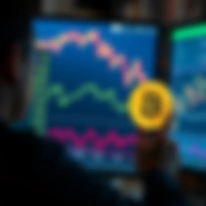 A person looking at a computer screen displaying cryptocurrency prices, with Bitcoin logo in focus, symbolizing a strategy to invest during price dips.