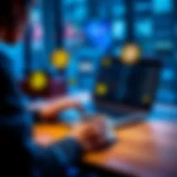 A person looking at different platforms to buy Bitcoin in the UK with a laptop and coffee cup on a table