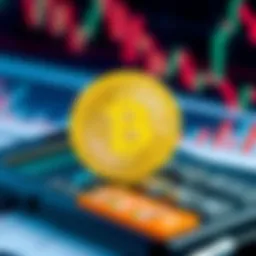 A Bitcoin coin placed on a calculator, symbolizing investment decisions, with financial graphs in the background.