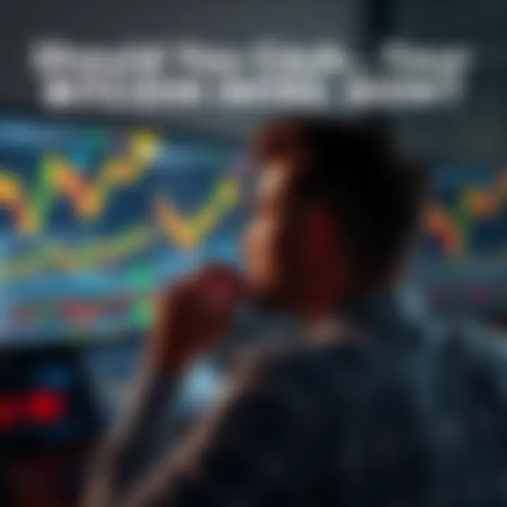Bitcoin Cash Out Decision A person thinking about cashing out their Bitcoin investment with a computer displaying Bitcoin charts and graphs in the background.