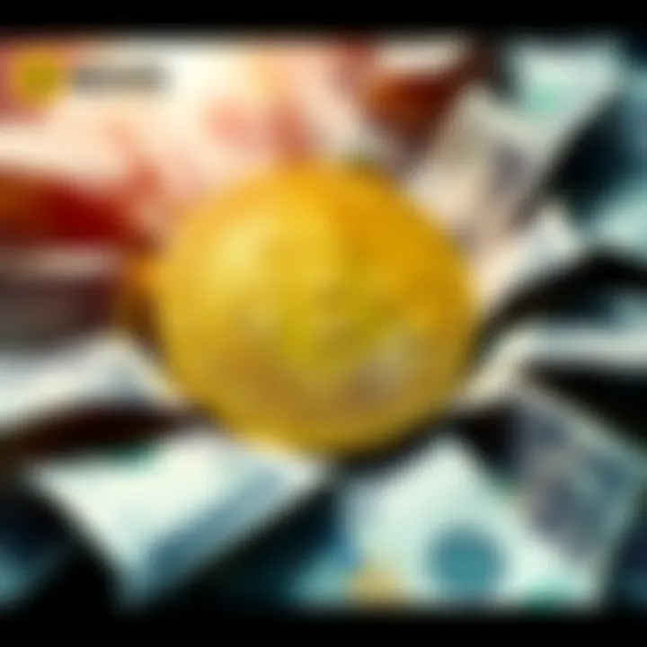 Bitcoin symbol surrounded by cash notes, representing financial transactions