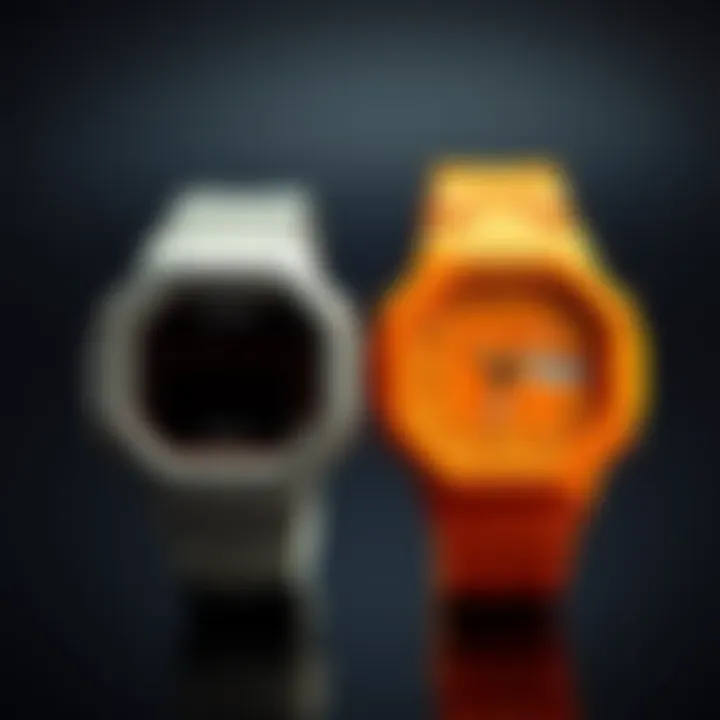 Two Bitcoin Casio prototypes side by side: one with a gradient orange filter and the other in solid orange steel.
