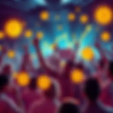 A group of enthusiastic Bitcoin advocates celebrating with digital currency symbols and a rising graph, showing excitement in the cryptocurrency market.