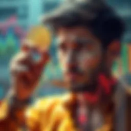 A person holding a Bitcoin with a worried expression, surrounded by fluctuating graphs representing volatility and complexity.