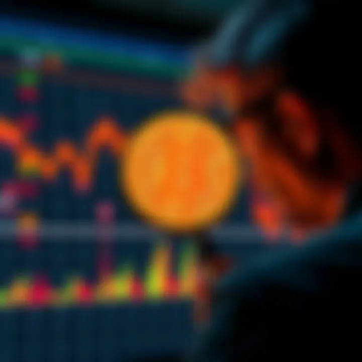 A person examining a Bitcoin chart with a magnifying glass, looking skeptical about the data.