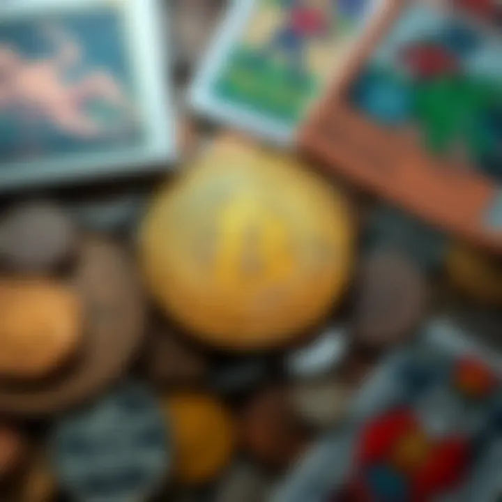 A close-up of a Bitcoin surrounded by collectibles like antique coins and trading cards.