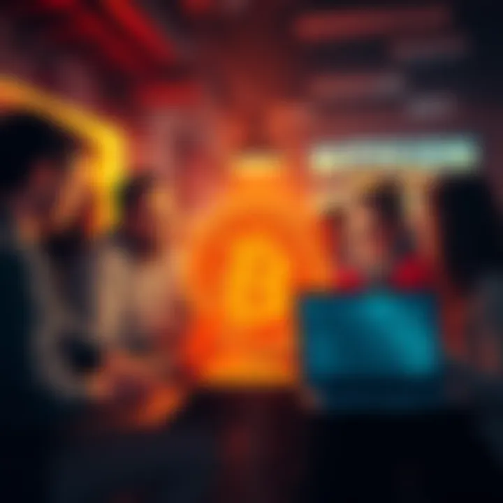 A group of Bitcoin enthusiasts gathered with laptops, discussing cryptocurrency, showing excitement and camaraderie.