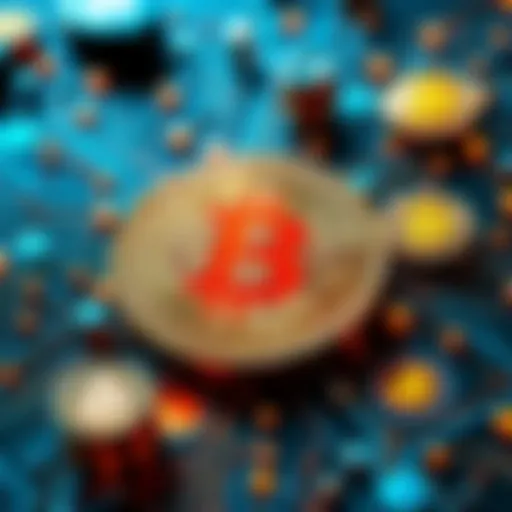 A visual representation showing simple and complex aspects of Bitcoin, with currency symbols and layers of information