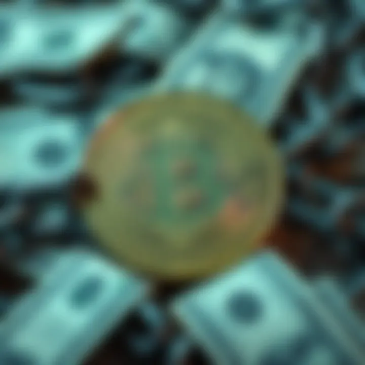 Bitcoin concept with chains and money A representation of Bitcoin with chains and dollar bills, symbolizing its connection to financial issues and societal greed.