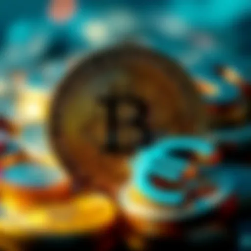 A visual representation of Bitcoin with various currency symbols like dollar and euro, showing the contrast between traditional and digital currency values.