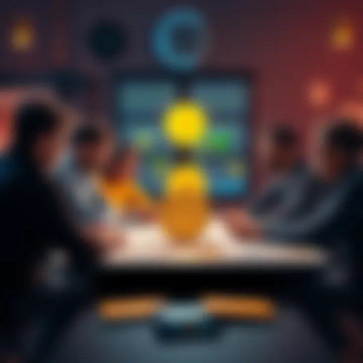 A group of people discussing Bitcoin basics like wallets and mining, with charts and notes on a table.