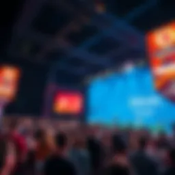 Crowd gathered at a large Bitcoin conference in Las Vegas with banners and speakers on stage