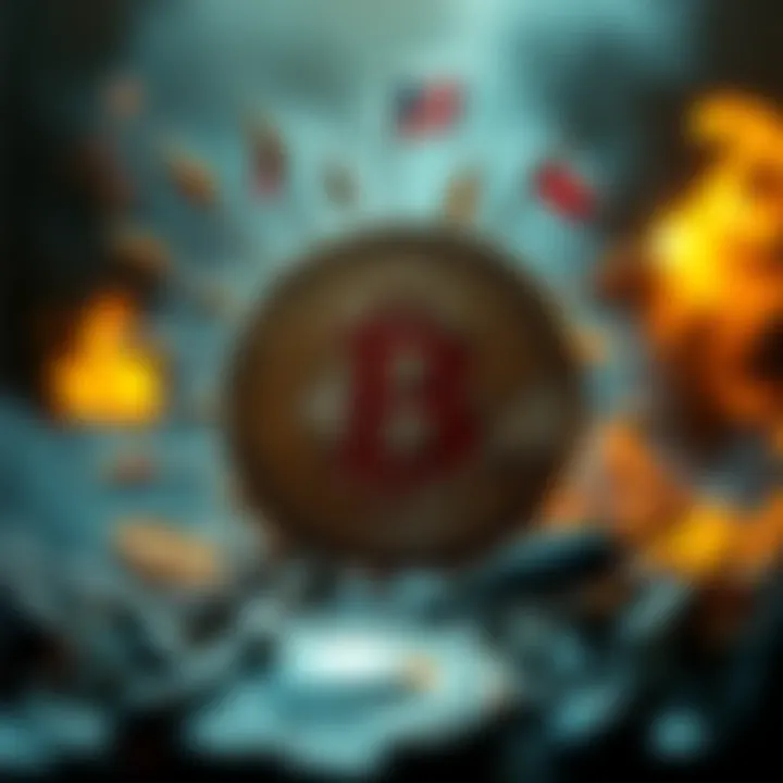 A Bitcoin coin surrounded by symbols of war and economic disruption, representing its role during conflict.