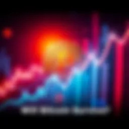 A Bitcoin symbol surrounded by conflicting upward and downward graphs, representing differing views on the cryptocurrency's future value.