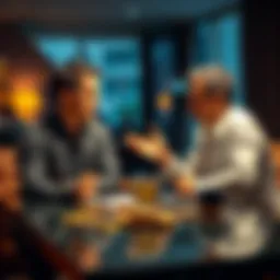 Two people are sitting at a coffee table; one is explaining Bitcoin while the other listens with skepticism.