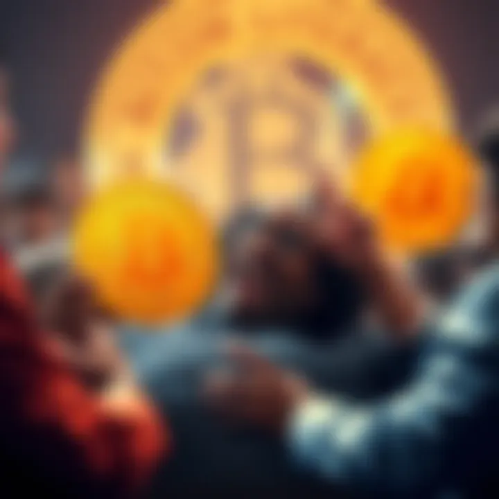 A Bitcoin evangelist surrounded by critics in a lively discussion about financial literacy.