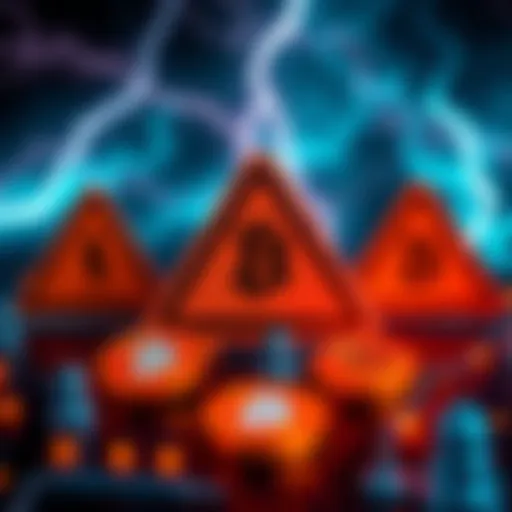 A graphic showing caution symbols with Bitcoin logos, indicating a vulnerability in Bitcoin Core Lightning nodes