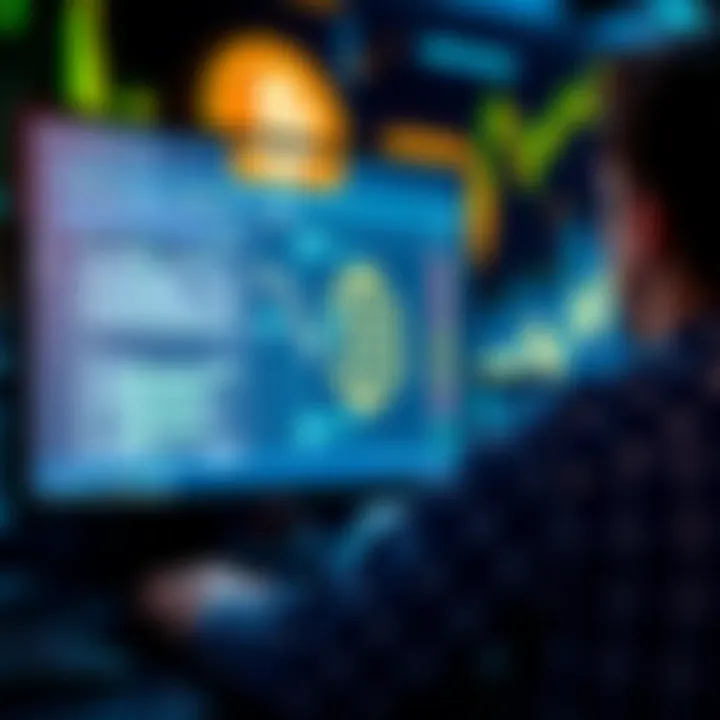 A person configuring a Bitcoin Core node on a computer screen with crypto-related graphics in the background