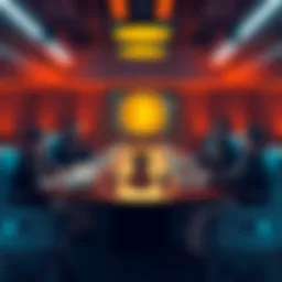 A group of developers discussing Bitcoin updates around a conference table, with laptops and charts visible.