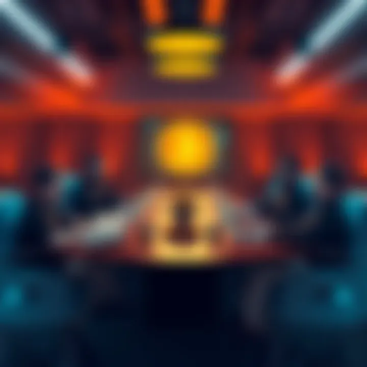 A group of developers discussing Bitcoin updates around a conference table, with laptops and charts visible.