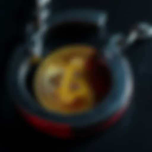 A close-up of a Bitcoin coin surrounded by handcuffs, symbolizing its connection to crime