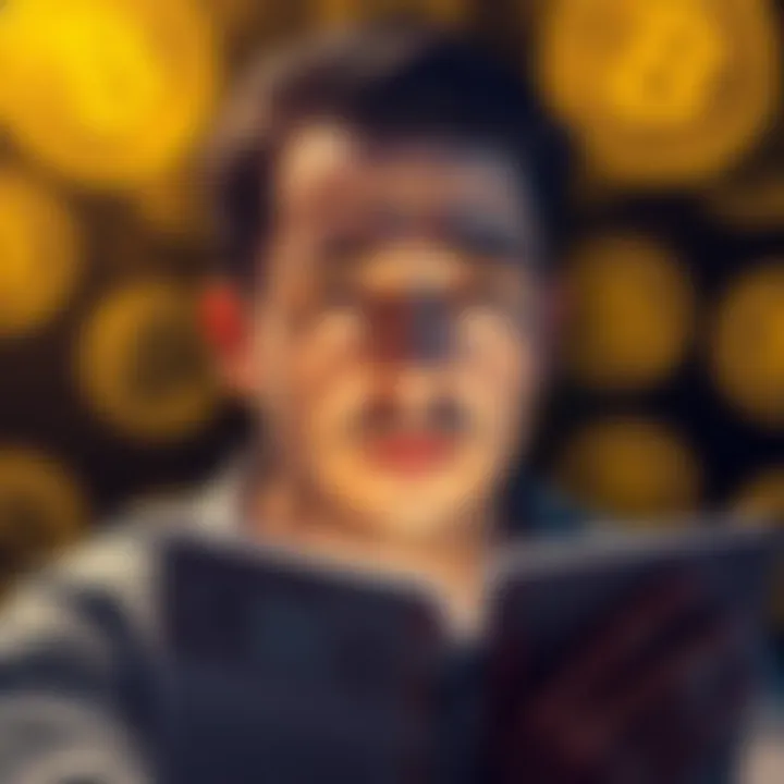 A person looking frustrated while reading negative comments about Buttcoiners online, with Bitcoin symbols in the background.