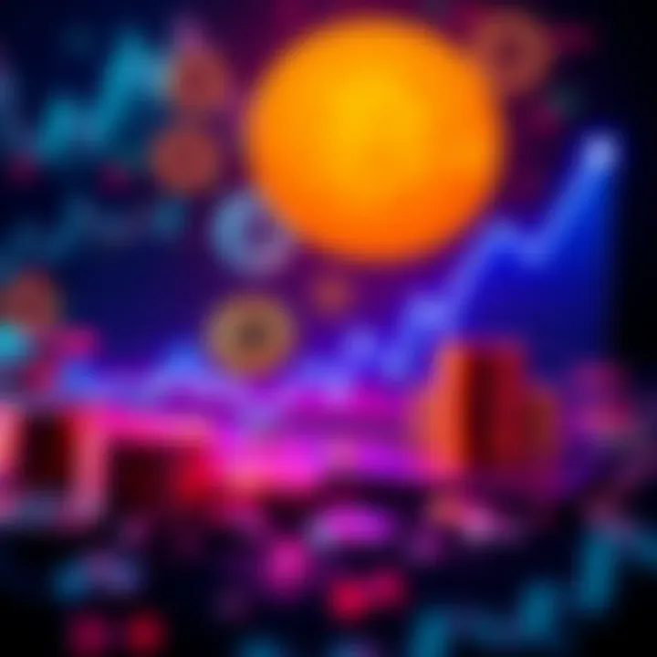 Graph showing upward and downward trends in Bitcoin and cryptocurrency prices with symbols of digital coins in the background.