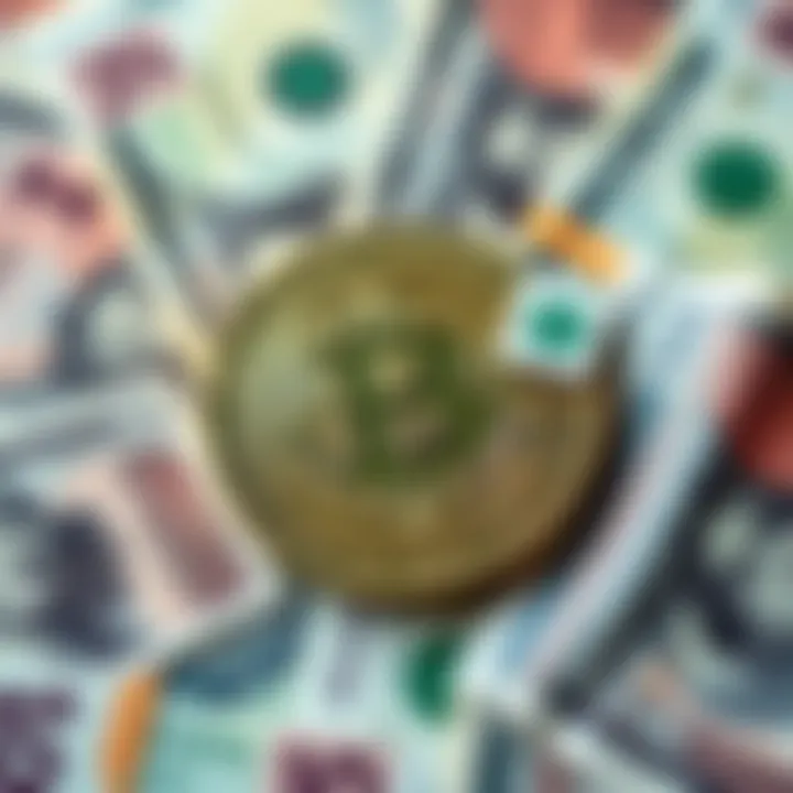 A Bitcoin symbol stands prominently above various currency notes, representing the idea of Bitcoin as money.
