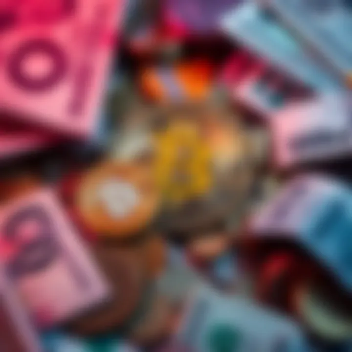 Bitcoin symbol surrounded by traditional cash and coins, representing decentralized currency and financial freedom