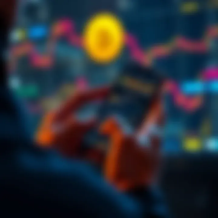 A person using a smartphone to make automatic Bitcoin purchases on an exchange. The screen displays a simple interface for Dollar Cost Averaging.