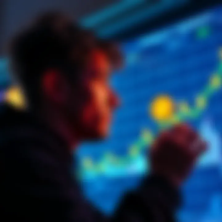 A beginner considering Bitcoin investment, looking at a chart with dollar signs and Bitcoin symbols, representing a monthly DCA strategy.