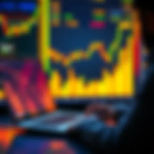 A person reviewing Bitcoin prices on a laptop while graph charts show market dips and rises. Emphasizes Dollar Cost Averaging strategy for investments.