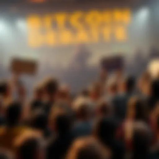 A crowd of people arguing passionately about Bitcoin and traditional currency, with signs showing conflicting views.
